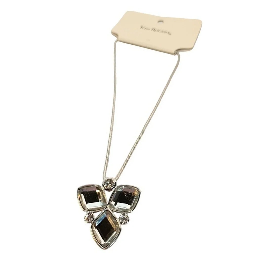 Kim‎ Rogers Silver Pendant Necklace Four Clear Stone Accents NWT